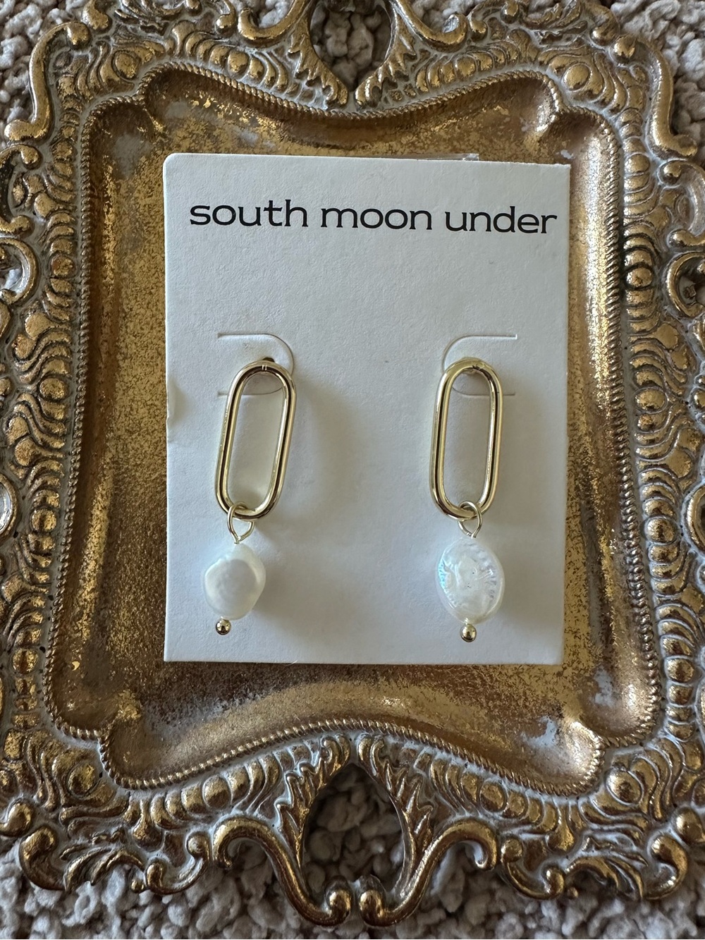 South Moon Under Gold Link Earrings with White Pearl Drops